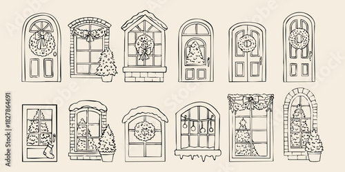 Hand-drawn Christmas windows and doors set with wreaths, garlands, trees and holiday decor, created in simple line style on a beige background. Cozy festive illustrations