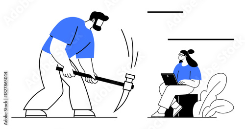 Manual labor and digital work. A person using a pickaxe while another works on a laptop, the contrast between physical work and digital productivity. For work dynamics, employment topics, modern