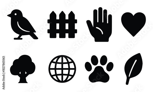 Wildlife Icon Set. Wildlife Welfare Collection silhouette icon set: paw print, tree, heart, globe, hand, bird, leaf, fence. Wildlife Icon. vector illustration eps file. 