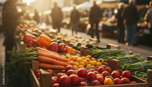 Vibrant fresh vegetables (carrots, tomatoes, peppers) in wooden crates at a bustling farmers market