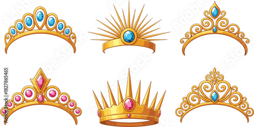 Set of Six Golden Princess Tiaras and Royal Crowns Vector Illustrations, Adorned with Pink and Blue Jewels, Representing Royalty, Luxury, Fairy Tale, Queen, and Elegant Emblems