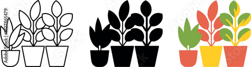 Colorful Potted Plants Graphic with Line Art Silhouette and Full Color Options