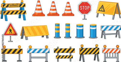 Vector Illustration Set of Road Construction and Warning Signs, Including Traffic Cones, Barriers, Stop Signs, Bollards, and Hazard Warnings for Safety and Work Zone Graphics