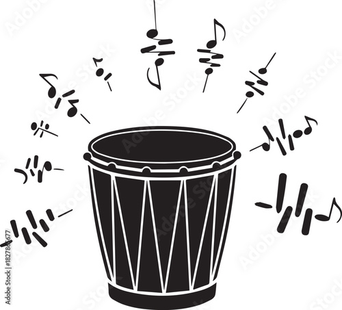 Black and white illustration of a djembe drum with musical notes