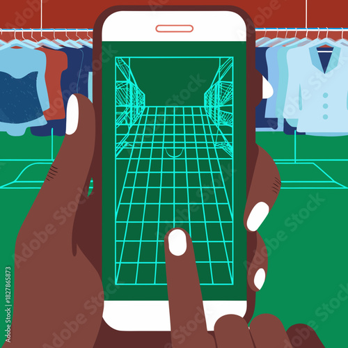 Hands using a smartphone to view a virtual reality sports field in a clothing store