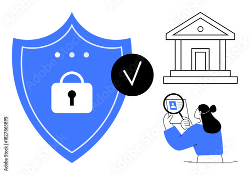 Digital security concept. Digital security ed by a shield lock icon, ID verification process, and bank building symbol. Digital security enhancing trust in finance and identity protection. Ideal