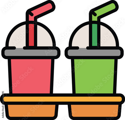 A vibrant graphic of two takeaway soft drinks in a portable holder, symbolizing a beverage order for delivery