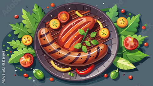 Very beautiful semi-realistic vector illustration of a grilled sausage on a barbecue grill plate, garnished with fresh herbs and accompanied by colorful vegetables, viewed from above with detailed tex