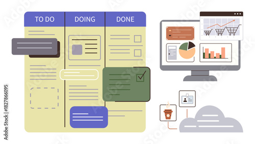 Task board with columns To Do, Doing, and Done next to a monitor displaying charts and analytics. Ideal for productivity, project planning, agile teams, data analysis, workflow, organization simple