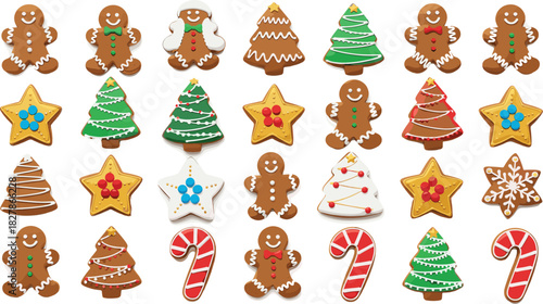 Large Vector Set of Detailed Christmas Gingerbread Cookies and Biscuits, Including Festive Trees, Snowmen, Gingerbread Men, Candy Canes, and Star Shapes for Holiday Design