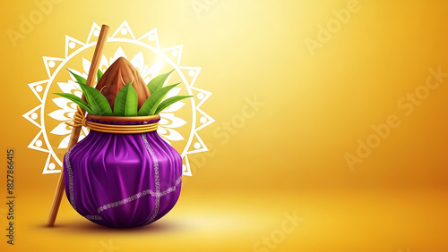 Traditional kalash pot with coconut and mango leaves on festive background