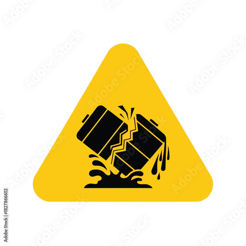 Hazardous material spill warning icon: broken barrel chemical leakage Vector