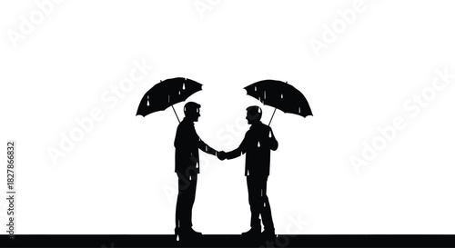 Two professional business men in dark silhouette shaking hands beneath umbrellas during a rainy downpour, symbolizing partnership, protection, agreement,