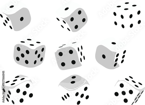 Vector Illustration Set of Nine White Dice Scattered in Various Angles, Representing Gambling, Casino Games, Board Games, Luck, Chance, Betting, and Random Outcome Concepts