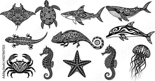 Vector Illustration Set of Marine Animals and Reptiles Decorated with Polynesian Tribal Patterns, Including Stingray, Shark, Whale, Dolphin, Crab, Seahorse, and Starfish Tattoo Art