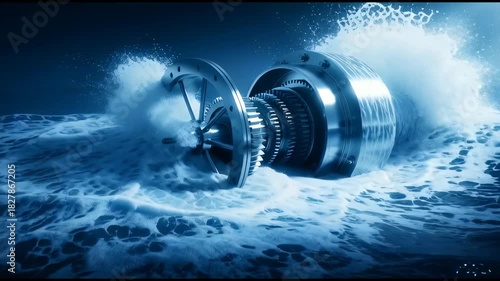 Hydroelectric turbine generating clean electricity for sustainable energy production. Renewable power from water for environmental conservation concepts.