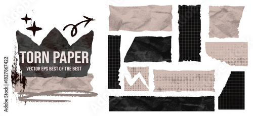 Set jagged edge rectangle frame with torn paper and rough stripes.