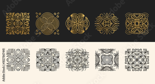 Collection of elegant gold and silver ornamental geometric patterns and designs on dark and light backgrounds
