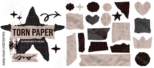 Set rough torn paper heart crown and star with jagged edges in square collage frame.