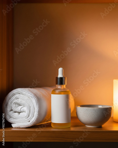Serum Bottle in Spa Setting - Wide Angle Lifestyle Photography