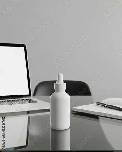 Serum Bottle on Modern Desk - Workspace Lifestyle Photography
