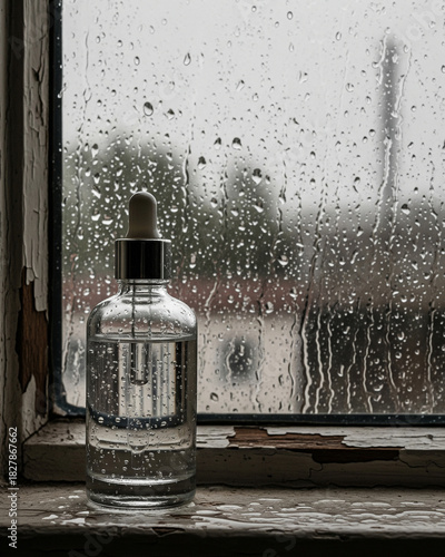 Serum Bottle on Rainy Window Sill - Atmospheric Product Photography