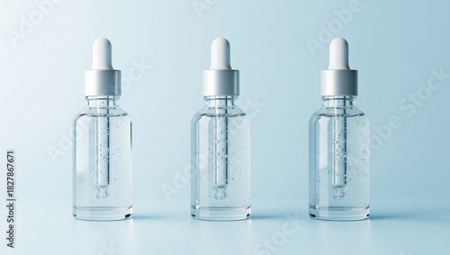 Set of Three Clear Serum Bottles Mockup on Pastel Blue Background