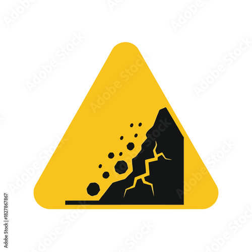 Falling rocks warning sign icon   landslide hazard symbol Vector