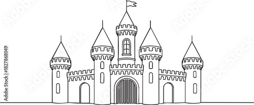 Continuous single line drawing of a fairy-tale amusement park castle with four towers and flags, minimalist fantasy fortress in clean outline vector illustration