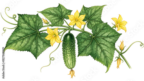 Cucumber Plant With Flowers And Fruit vine leaves