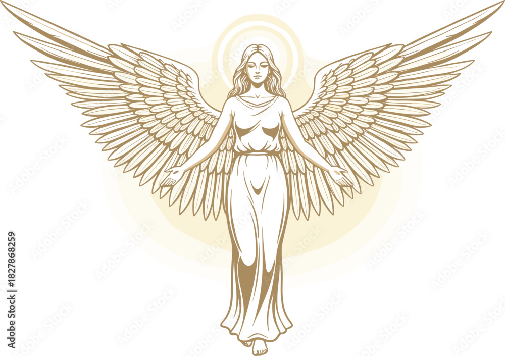 Fototapeta premium Elegant celestial angel with glowing halo and detailed wings symbolizing divine guidance, spiritual protection, and heavenly light energy