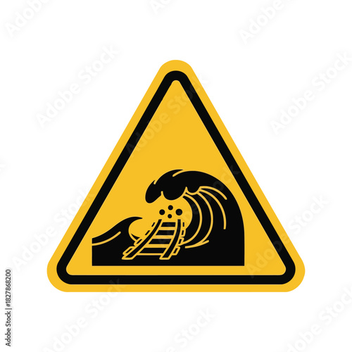 Tsunami warning sign: railway track high wave hazard icon vector Vector