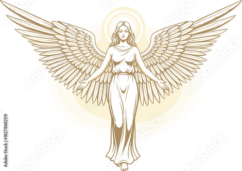 Elegant celestial angel with glowing halo and detailed wings symbolizing divine guidance, spiritual protection, and heavenly light energy