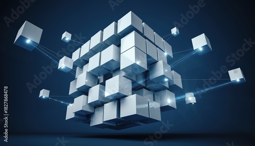 Fototapeta Naklejka Na Ścianę i Meble -  A futuristic arrangement of interconnected cubes floating in a dark space, symbolizing data and technology.