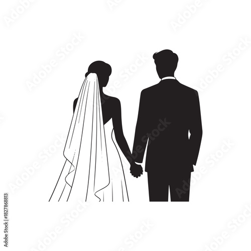 Silhouette of the bride and groom from behind in a calm and intimate moment