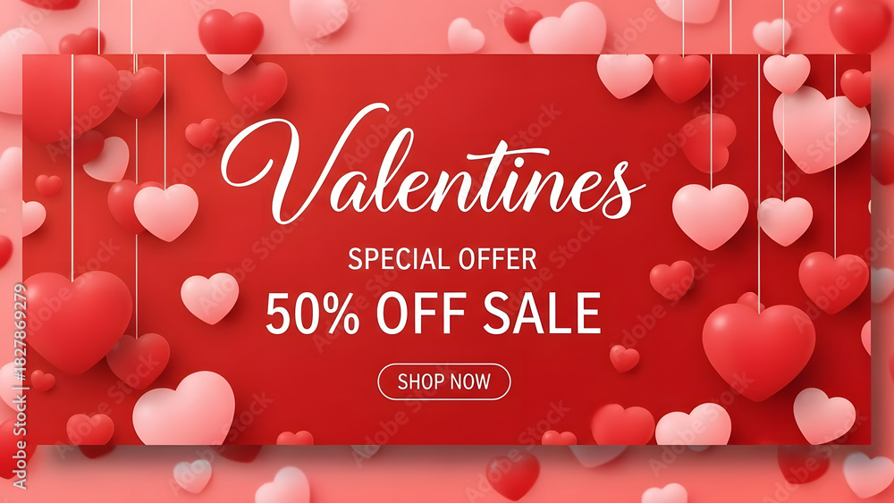 Naklejka premium Valentines day special offer 50 percent off sale with red and pink hearts background