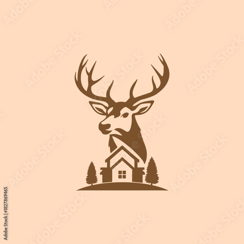 Elegant emblem of a deer and a house, perfect for a hunting lodge, cabin rental, or countryside property business