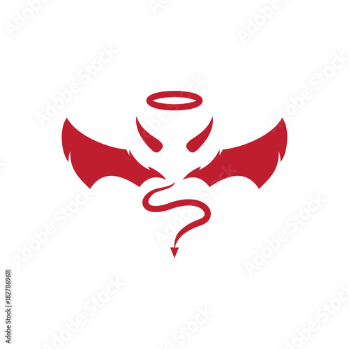 A minimalist red vector icon of a devil-angel hybrid, featuring demonic horns, bat wings, a pointed tail, and a saintly angelic halo, symbolizing the concept of good and evil