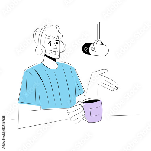 Hand drawn style illustration showing a person doing podcast