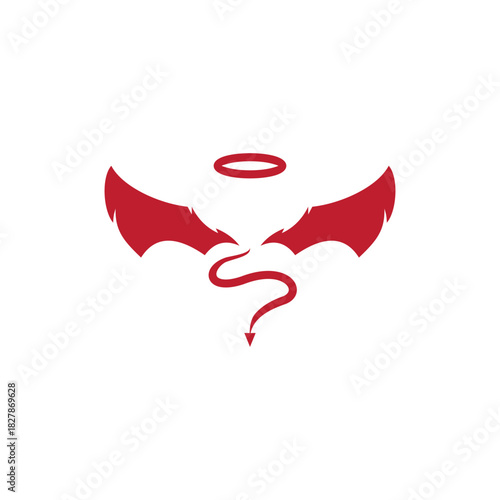 Red devil wings with a tail and a glowing angel halo icon representing the concept of good and evil