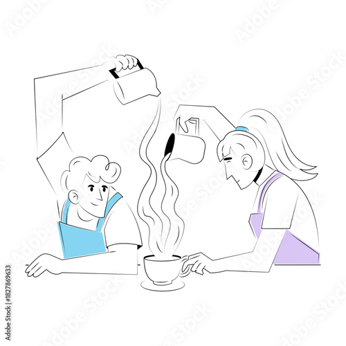 Hand drawn style illustration showing friends making coffee