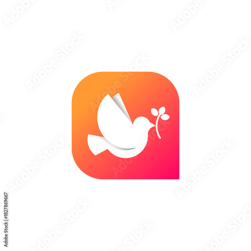 Stylized paper dove of peace holding an olive branch on a vibrant gradient app icon, a symbol of hope and harmony