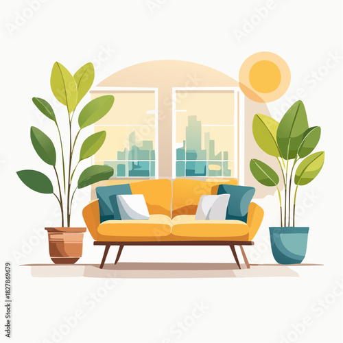 Bright and airy living room featuring a vibrant yellow sofa, stylish pillows, and lush plants. A calming cityscape view through the window adds a touch of urban charm. Perfect for showcasing modern in