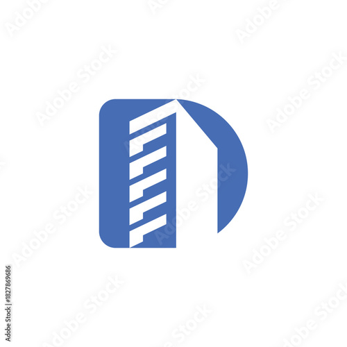 Abstract letter D logo design with a negative space building silhouette. Modern corporate identity icon for architecture, real estate, or development