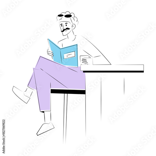 Hand drawn style illustration showing a person enjoying coffee