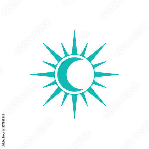 Minimalist turquoise celestial icon combining a radiant sun and a crescent moon, symbolizing cosmic harmony, duality, and spirituality