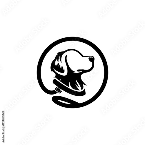 Elegant circular logo featuring a retriever dog profile with a collar and leash. Minimalist vector icon for pet services or veterinary brand identity