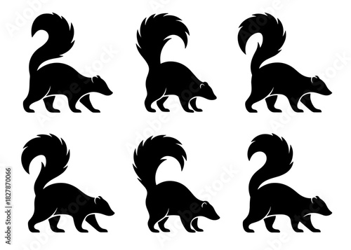 Skunk silhouettes show natural walking poses with soft rounded contours. Each figure highlights the curved tail and distinctive body shape. The silhouettes have very high quality