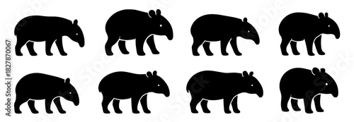 Tapir silhouettes display rounded bodies and distinctive head shapes with soft contours. Each figure shows natural slow movement in simple forms. The silhouettes have very high quality