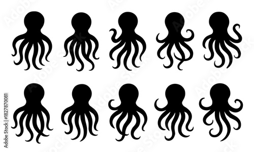 Octopus silhouettes show rounded heads and flowing tentacles in varied positions. Each figure highlights smooth aquatic motion and organic curves. The silhouettes have very high quality